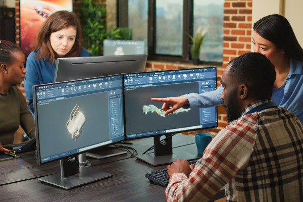 A group of engineers standing around a table in front of computers with CAD software creating new product designs.