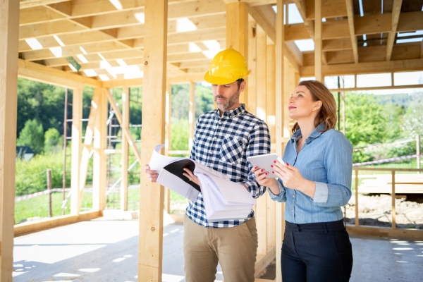 A woman holding a small tablet standing next to a contractor with a large book in a home with bare studs during construction.