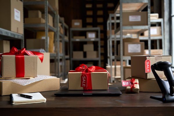 A table in a backroom of a business with wrapped boxes and gifts to be sent to customers. They have red ribbons and tags.