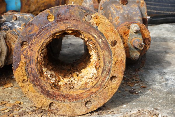 A metal pipe showing severe clogging with rust and iron-manganese scale buildup due to suspended solids in water.