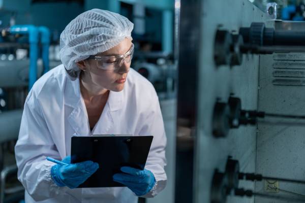 A female worker in a production line inspects machinery with safety gloves and takes notes on a clipboard.