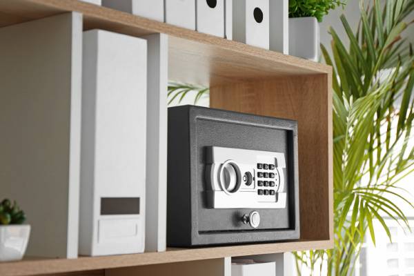 A small jewelry safe on a shelf inside a home. The safe has a keypad entry and there's a plant next to it.