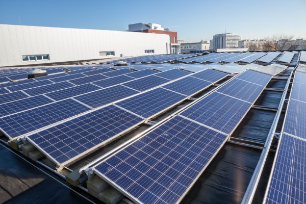 LEED points rooftop rooftops Several rows of black solar panels appear on the roof of a commercial building. Other buildings appear in the background.