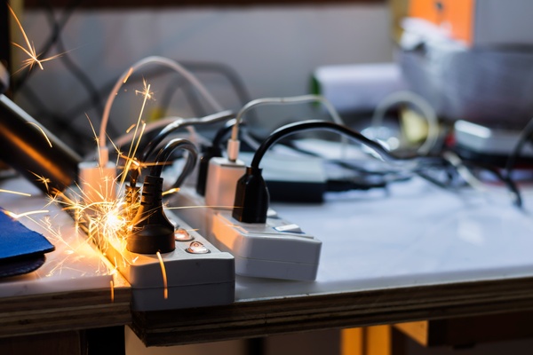 fire manufacturing Two power strips are on a table, and each has multiple plugs in it. A spark flashes from one of the power strips.