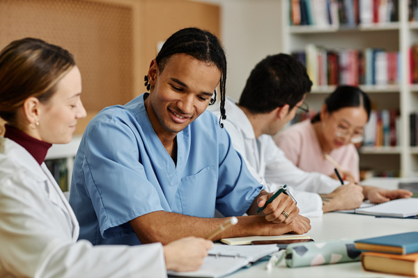 A man is sitting at a table, he is wearing nurses scrubs. There is a woman sitting next to him in a white coat.