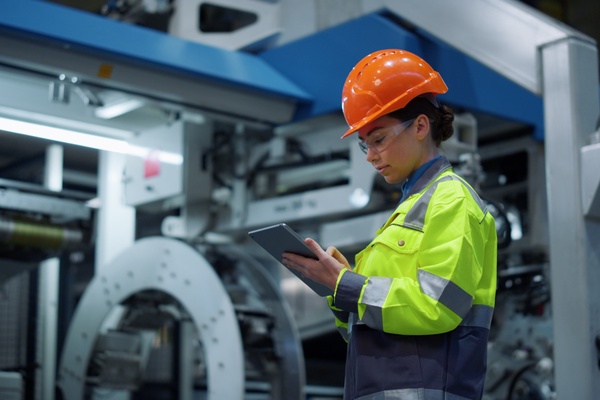 A woman in safety gear looks down at a silver tablet while standing in front of large factory machines.