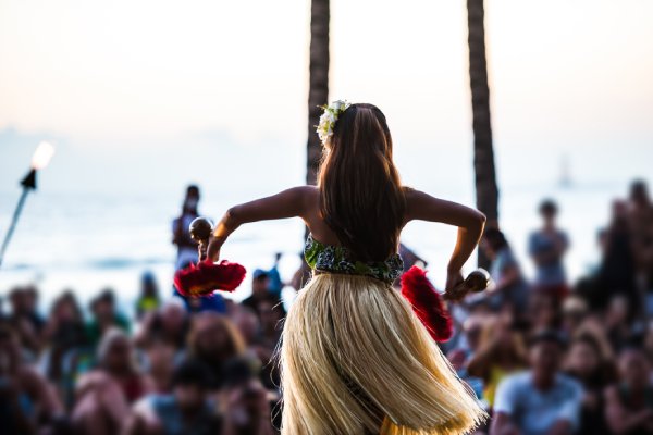 A Hawaiian hula dancer seen from behind, wearing a grass skirt and holding traditional rattles in front of a crowd.