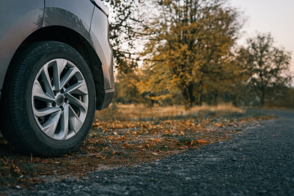 A car is parked with the front wheel visible. There are fallen leaves on the grass in front of the car.