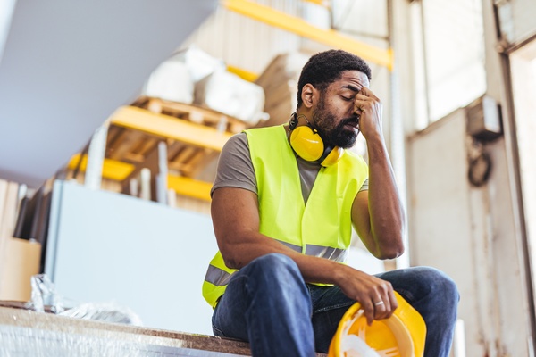 An industrial worker in a yellow high-vis vest sits on a step and rubs his forhead in frustration.