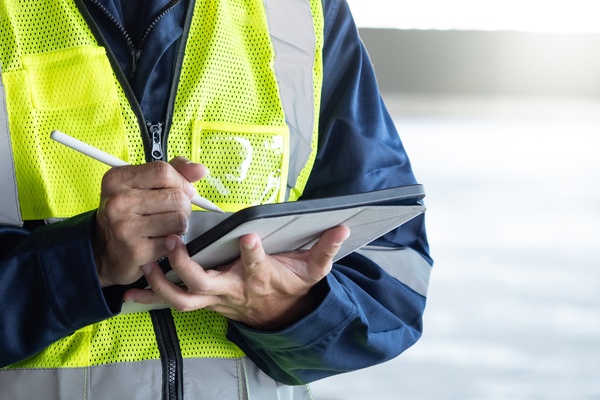 A building inspector wearing a safety vest uses a table to check safety and security data, including near-miss reporting.