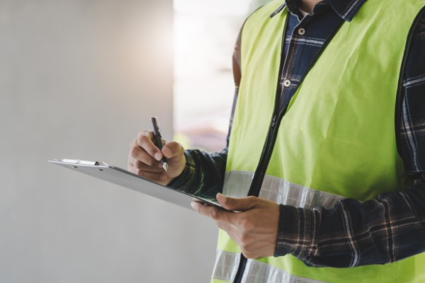 A close-up of the torso of a man in a flannel shirt and high-visibility vest holding a clipboard and a pen.