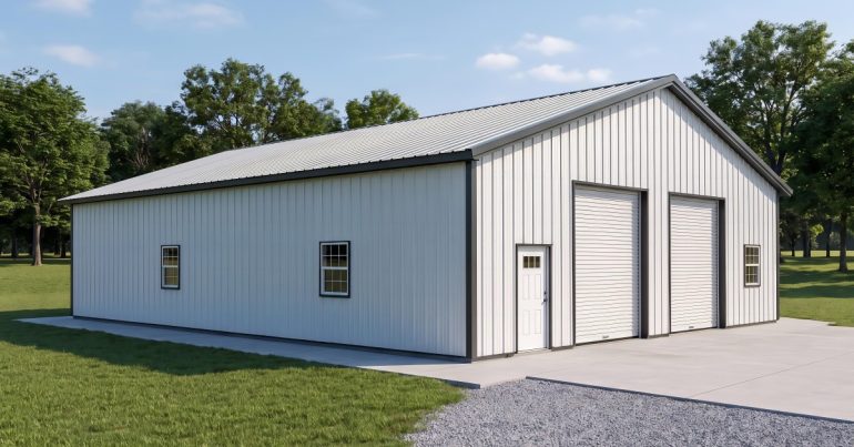 A white metal building with two garage doors, small windows, a side door, grass, gravel, and trees nearby.