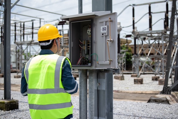 An engineer wearing a yellow hard hat and safety vest inspecting an open electrical cabinet at an outdoor substation.