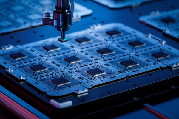 Automated inspection tool hovers over a circuit board containing multiple microchips and intricate electronic pathways.